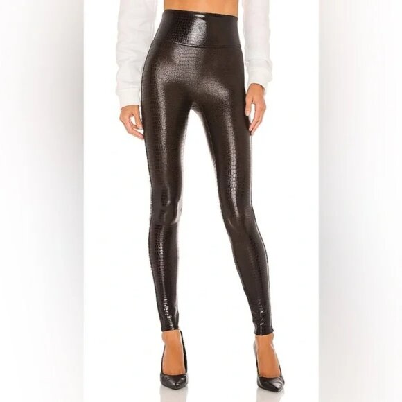 Spanx Vegan Faux Leather Croc Shine High Waisted Leggings Size Medium Stretch - Picture 2 of 16